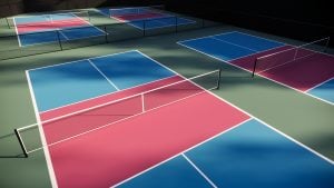 Pickleball courts that are empty, with floors in red, blue, and green colors with white lines, surrounded by trees, and equipped with lights, fencing, and seating