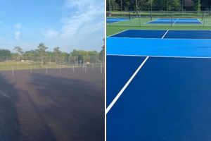 Beautiful Before and After. Dual-purpose court for pickleball and tennis after surface repairs, crack filling, and acrylic coating by Pro Track and Tennis.
