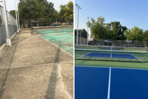 Before and after images of a tennis court transformation, highlighting the dramatic improvement from faded, damaged surface to a freshly resurfaced, professional-grade playing surface.