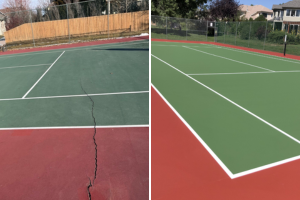 Side-by-side comparison showing a worn, cracked tennis court before resurfacing and the same court after restoration with a smooth, vibrant new surface.
