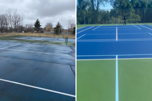 Restored courts with fresh color coating and game lines after crack repairs, resurfacing, and cleaning by Pro Track and Tennis.