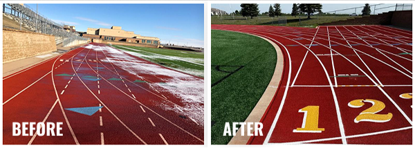 Before and after photos of red running track resurfacing in Harrisburg, SD showing smooth new surface and bright lane numbers