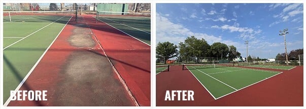 Before and after photos of red and green tennis court resurfacing in Pueblo Viejo, El Paso, Texas with repaired cracks and renewed surface