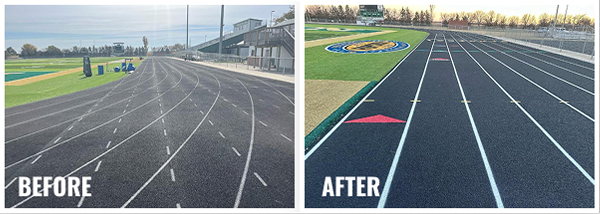 Before and after images of black running track resurfacing in Central City, NE with new line markings and clean lanes