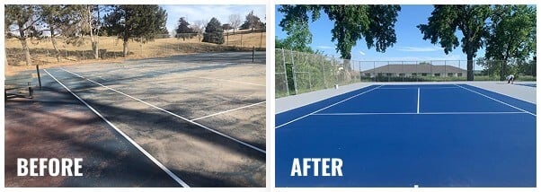 Before and after photos of outdoor blue tennis court resurfacing in Smithville, Texas highlighting smooth new finish