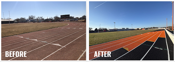 Before and after images of orange and black running track resurfacing in Ulysses, KS showing vibrant new exchange zones