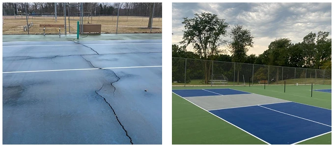 Before and after photos of blue pickleball court resurfacing in Bellevue, WI with repaired crBefore and after photos of blue pickleball court resurfacing in Bellevue, WI with repaired cracks and new line stripingacks and new line striping