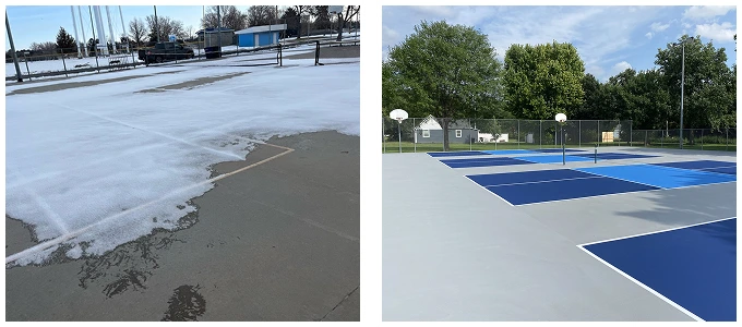 Before and after photos of pickleball court resurfacing in Imperial, NE showing new blue and gray playing surface