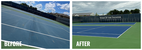 Before and after photos of green and blue tennis court resurfacing in Angola, Indiana with new line striping and restored surface