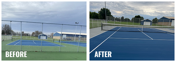 Before and after photos of blue tennis court resurfacing at Greensburg High School, Indiana with improved surface and markings