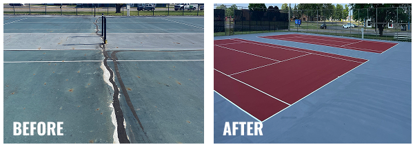 Before and after photos of red and gray tennis court resurfacing in Rushville, Indiana showing crack repair and new coating