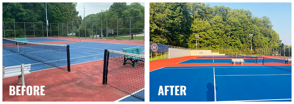 Before and after photos of blue and red tennis court resurfacing at the University of Southern Indiana with smooth new acrylic finish