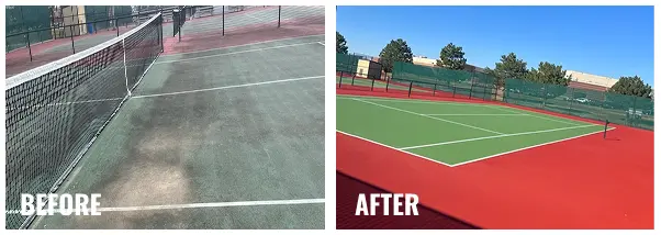 Before and after photos of red and green outdoor tennis court resurfacing at Andover Public, Kansas facility