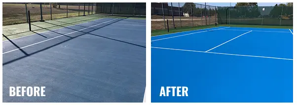 Before and after photos of blue tennis court resurfacing in Newton, Kansas showing smooth acrylic surface and fresh striping