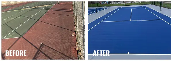 Before and after photos of red and blue tennis court resurfacing in Osage City, Kansas with smooth finish and clear white striping