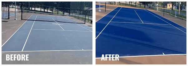 Before and after photos of blue tennis court resurfacing in Phillipsburg, Kansas showing restored surface and new line markings