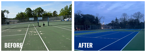 Before and after photos of blue tennis court resurfacing at DeRidder High in Louisiana showing smooth new acrylic surface