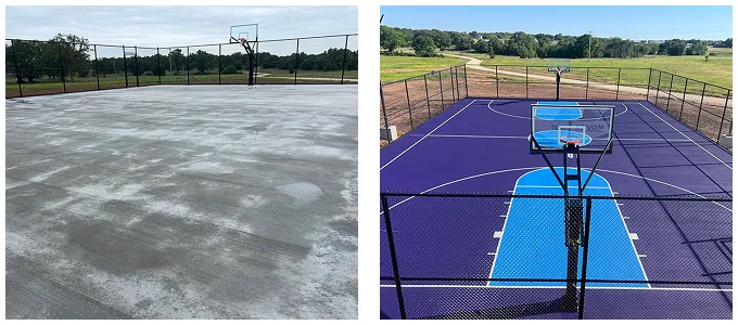 Before and after images of blue and gray multi-purpose court resurfacing in Rising Star, TX with new basketball layout