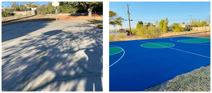 Before and after photos of blue and green outdoor multi-purpose court resurfacing in El Paso, TX