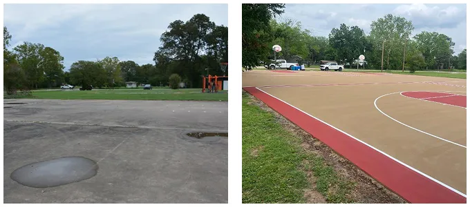 Before and after photos of red and tan multi-purpose court resurfacing in Smithville, TX showing smooth new surface