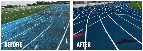 Bennington High School running track resurfacing showing faded blue surface restored to vibrant blue with clean white striping