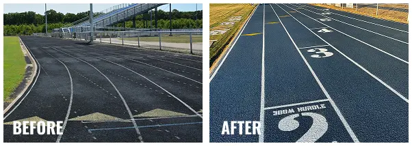 Before and after of Bogata running track resurfacing showing worn black surface renewed with blue lanes and crisp white markings.