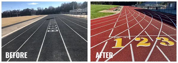 Before and after of Brush High School running track resurfacing showing worn black surface renewed with bright red lanes and clear numbering.