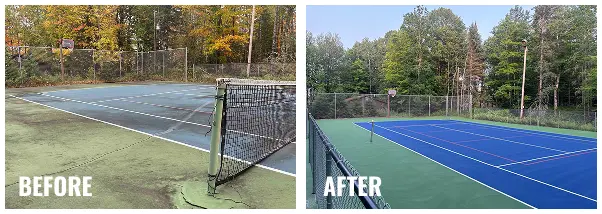 “Before and after resurfacing of Canyon MN tennis courts showing cracked and faded surface restored to a vibrant green and blue finish with new acrylic coating.