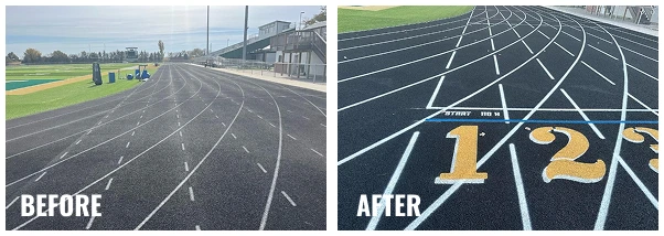 Central City High School running track resurfacing showing cracked surface before and smooth black lanes after restoration