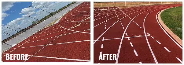 Before and after of Charlotte running track resurfacing showing faded red lanes restored with smooth red polyurethane surface and bright white lines.