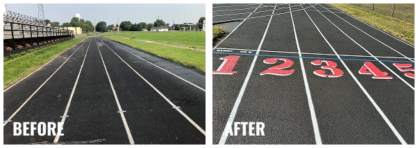 Creighton High School running track resurfacing transformation with red lane numbers and smooth resurfaced finish