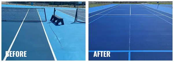Before and after of Foley High School tennis court resurfacing showing damaged blue court repaired and refinished with a smooth even surface and bright blue coating.
