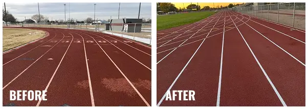 “Before and after of Fort Morgan running track resurfacing showing cracked red surface refinished to a smooth, even texture with sharp white lane lines.