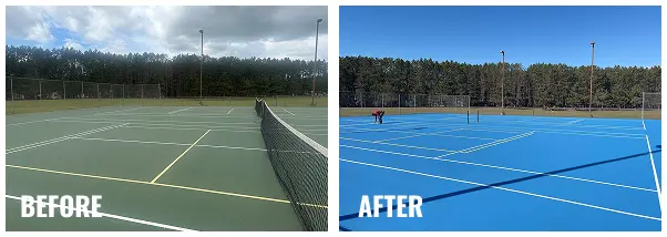 Before and after resurfacing of Hinckley MN tennis courts showing a dull green surface transformed into a bright blue newly coated court with improved playability.