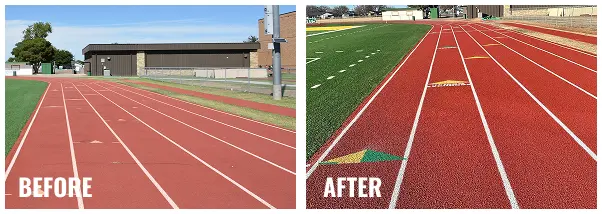 Before and after of Idalou running track resurfacing showing aged red surface refinished with even texture and updated markings beside turf field.