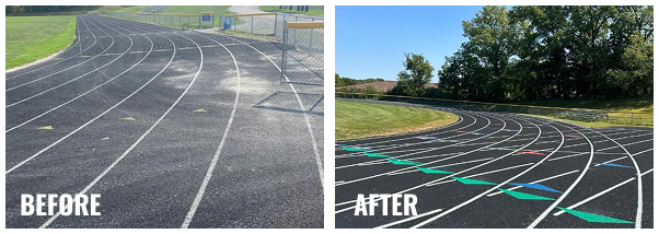 Before and after of Iowa City running track resurfacing showing faded lanes restored with bright line markings and a smooth black surface.