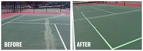 Before and after of Littleton High School tennis court resurfacing showing cracked surface restored to smooth green finish.