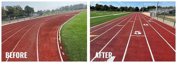 Before and after of McPherson running track resurfacing showing faded red surface repaired and refinished with clear lane numbers and bright color.