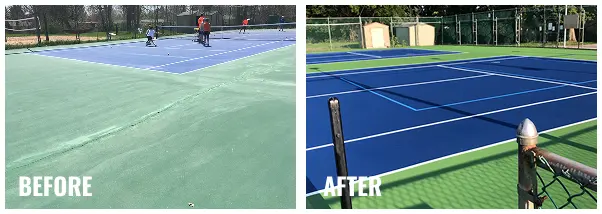 Before and after of North Boulder Recreation Center tennis courts showing faded surface repaired and refinished with bright blue and green coating.