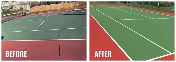 Before and after of North Palo Park tennis court resurfacing showing cracked red and green surface renewed with smooth finish and fresh line markings.