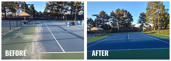 Before and after of Parker Pinery tennis court resurfacing showing worn surface transformed into even blue and green courts with improved playability