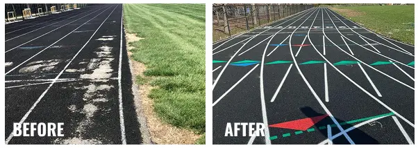 Before and after resurfacing of a high school running track in Illinois, showing cracked and faded lanes restored to a smooth black surface with bright white and colored lane markings.