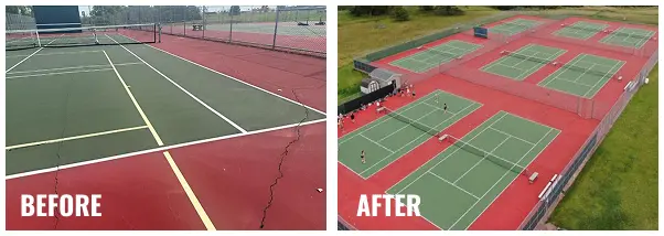 Before and after of Sauk Centre MN tennis court renovation showing cracked red and green courts resurfaced into smooth durable playing surfaces across multiple courts.