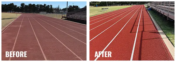 Before and after of Trinity School running track resurfacing showing faded red track renewed with clean red surface and sharp lane lines.