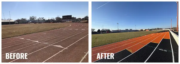 Before and after of Ulysses High School running track resurfacing showing worn red track renewed with black and orange lanes for improved traction and appearance.