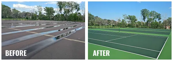Before and after comparison of tennis court resurfacing at Green Bay East High School in Wisconsin, showing water-damaged courts restored to a smooth, newly coated green surface.