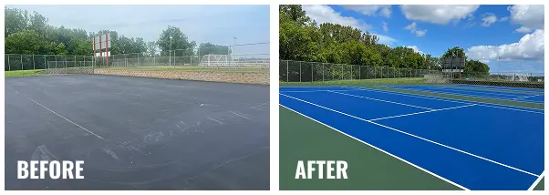 Before and after images of the resurfaced tennis courts at Greendale Martin Luther in Wisconsin, showing worn asphalt renewed with blue and green acrylic color coating.