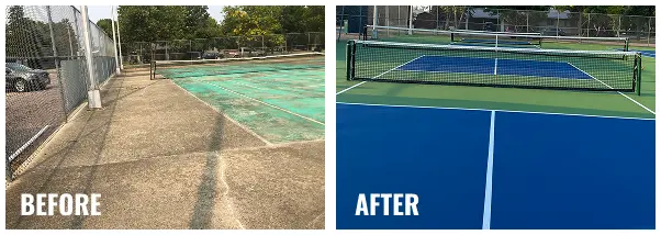 Before and after images of a Groton, South Dakota tennis court resurfacing project, transforming a worn, discolored surface into a fresh blue and green court with new striping.