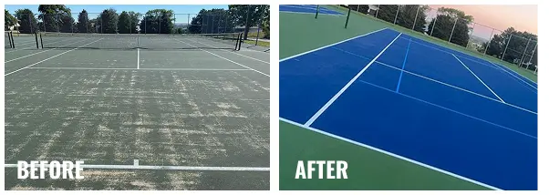 Before and after photos of a resurfaced tennis court in Pierre, South Dakota, showing a faded, patchy playing surface restored to a vibrant blue and green finish.