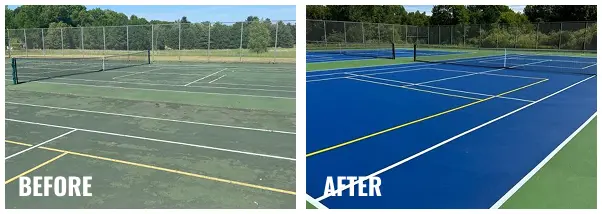 Before and after comparison of Suamico, Wisconsin tennis courts, highlighting faded, cracked surfaces restored to vibrant blue acrylic courts with fresh sport striping.